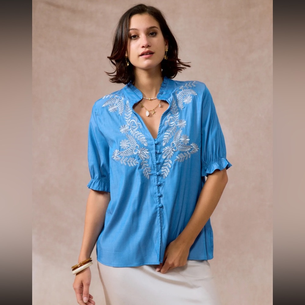ShopEvelynne Blue Blouse with White Embroidery, NWOT